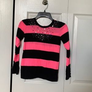 Pink and black striped long sleeve with a hood